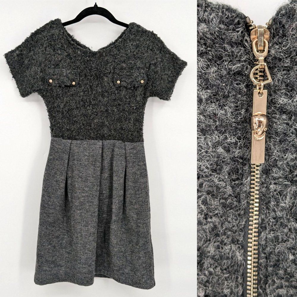 Add Wool Dress Gray Skull Faux Pocket Gold Fuzzy Winter Cozy Size Medium